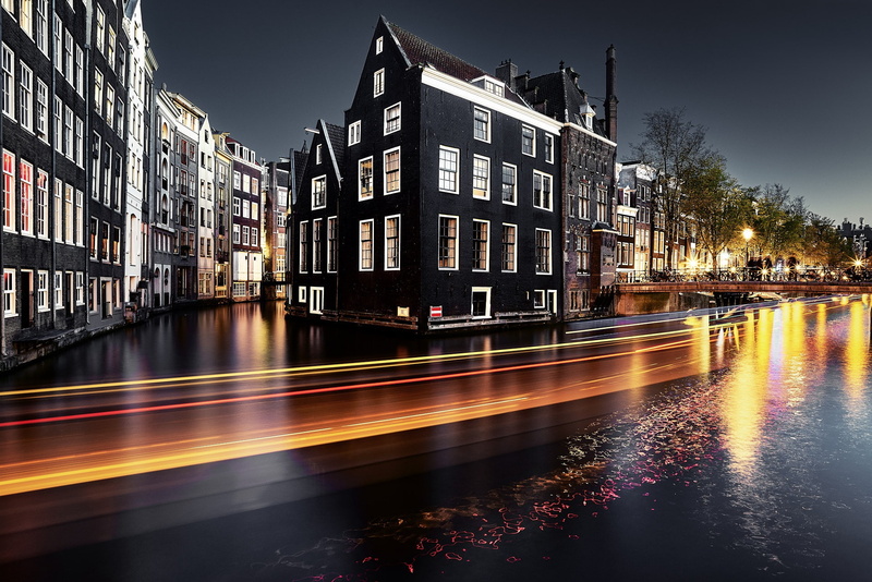 cityscape, building, river, blurred motion, residential district, city, water, architecture, outdoors, waterfront, sky, nature, long exposure, 1080P, Amsterdam