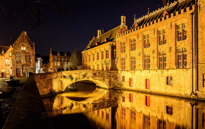 night, Belgium, 1080P, home, bridge, lights, Bruges, channel
