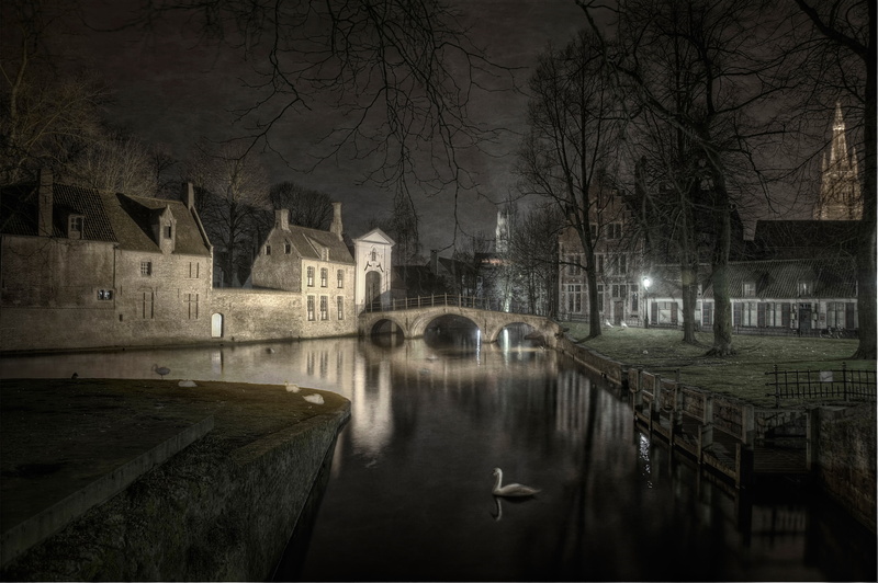 Belgium, night, 4K, Love Lake, Bruges