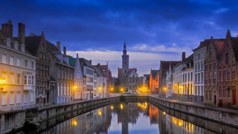 channel, 1080P, night, Bruges, Belgium, Jan van eyck square, home