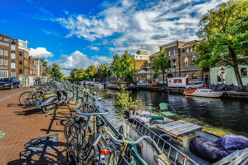 scooter, warm, houseboat, clouds, mode of transportation, summer, building, canal, day, shore, sky, assorted, river, urban, dutch, tree, color, nature