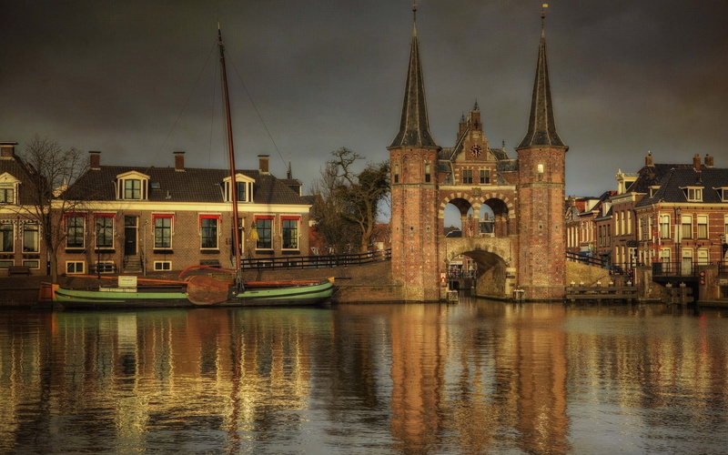 town, sky, famous Place, bridge, watches, building, night, cityscape, transportation, travel, boat, houses, amsterdam, dutch Culture, church, waterfront