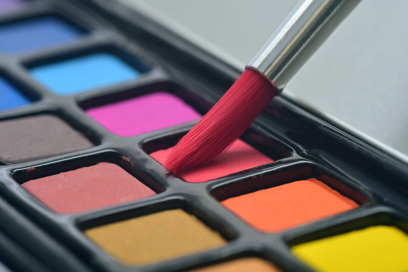 studio shot, backgrounds, course, eyeshadow, painting, preparation, indoors, full frame, body care and beauty, yellow, paint boxes, brush hair, palette
