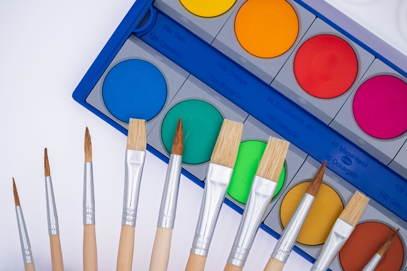 indoors, art and craft equipment, color, brush, blue, malkasten, medium group of objects, variation, art and craft, 5K, equipment, watercolour, group of objects