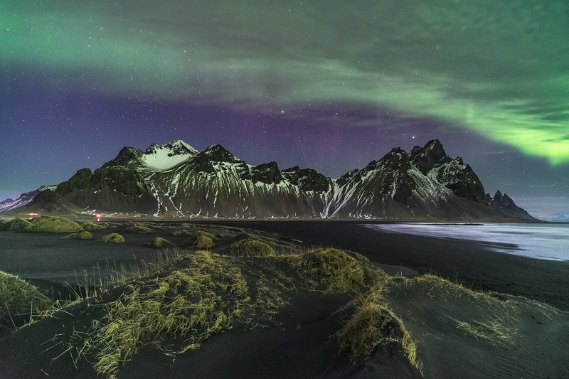 mountaing, night  sky, green, snow, 1080P, Stellar, stars, aurora borealis, covered, mountain, sand dunes, scenics, borealis, Iceland, beach, nature, mountains