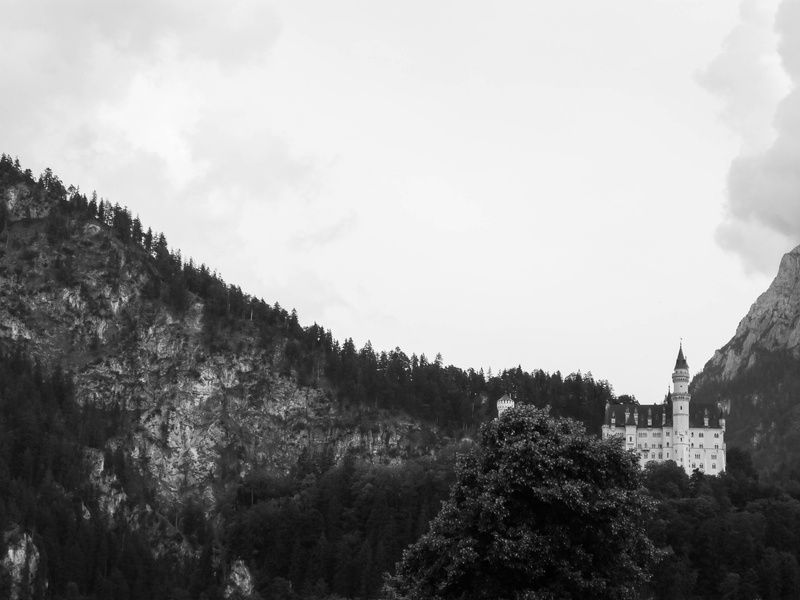 low angle view, 2K, top, building, outdoors, day, cloud - sky, black and white, tree, growth, beauty in nature, sky, built structure, no people, mountains
