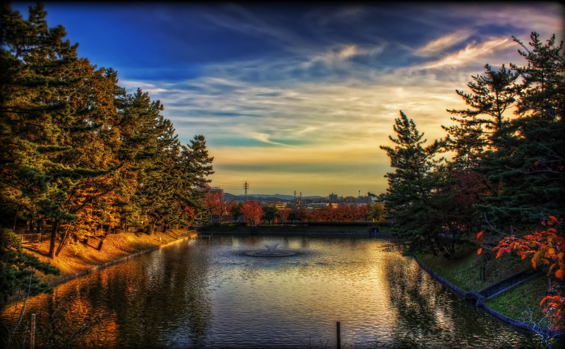 change, reflection, Landscape, Aperture, green, gold, architecture, Nature, Asia, Topaz Adjust, Japan, trees, lake, Autumn, Okazaki City, orange color