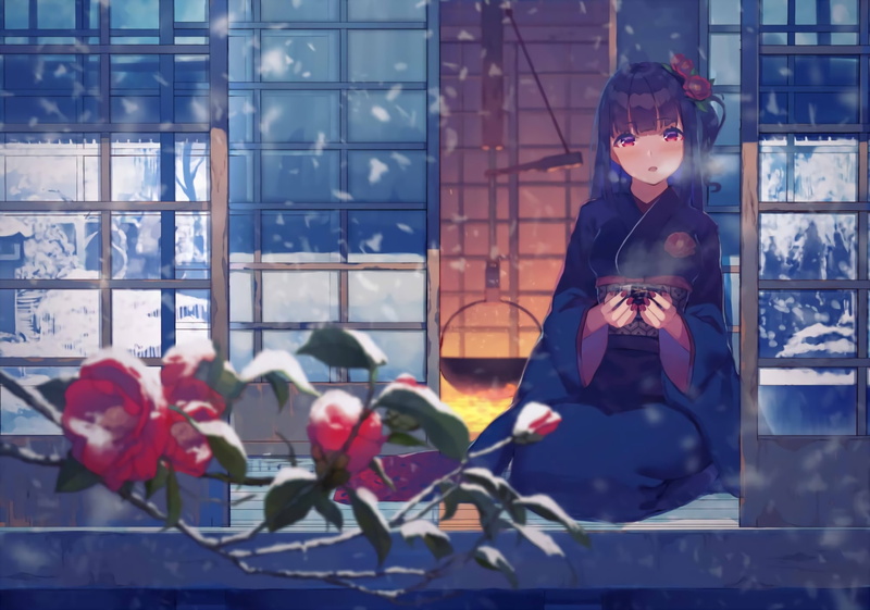 contemplation, Anime, beautiful woman, tea, winter, glass - material, front view, building exterior, outdoors, real people, anime girl, traditional house