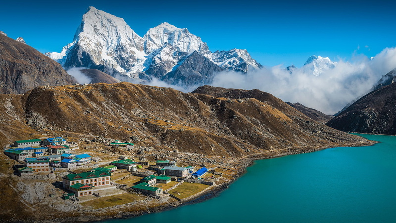 sky, lake, snowy mountain, Himalayas, house, tea, clouds, rocks, Nepal, 1080P, snowy peak, landscape