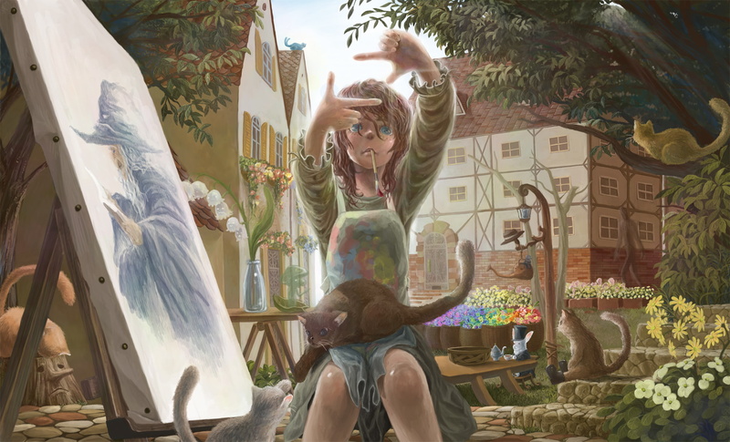 nature, rabbit, tea, oil, houses, studio, 1080P, puss, girl, artist, drawing, original, boots, canvas, cat, fun, gandalf, painting, lilies, good, flowers