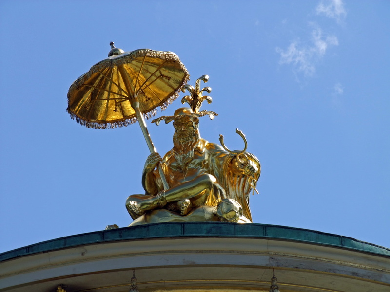gold, blue, Statue, nature, park sanssouci, sky, 4K, human representation, roof home chinese, representation, travel, tea house, travel destinations, art and craft