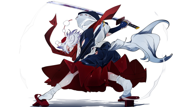 concept art, white hair, Touhou, weapon, digital art, 1080P, artwork, anime girls, sword, Inubashiri Momiji, original characters
