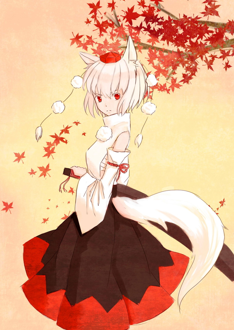 2K, short hair, Okamimimi, animal ears, red eyes, anime girls, sword, white hair, anime, Inubashiri Momiji