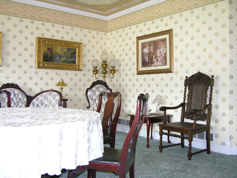 room, lighting equipment, wall - building feature, Victorian, wall paper, bed, antique, picture frame, domestic room, pattern, chair, Dining Room, frame