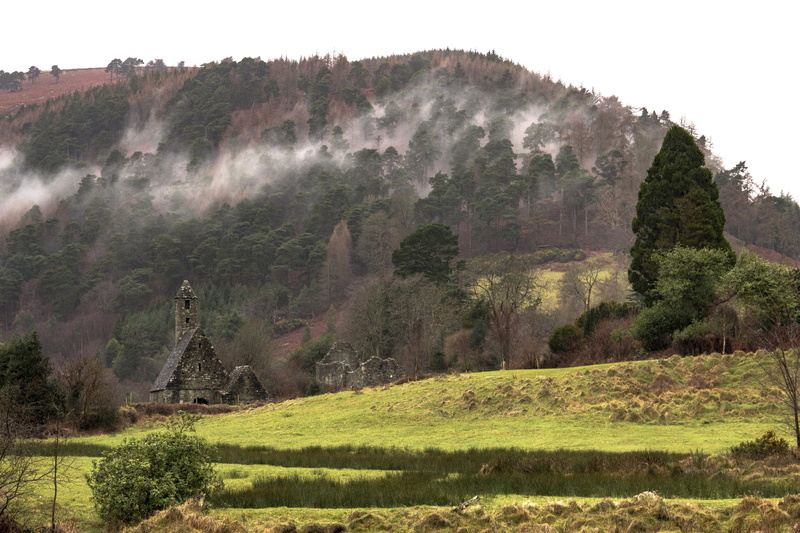 grass, history, no people, beauty in nature, fog, scenics - nature, glendalough, field, tranquility, growth, land, plant, green color, ireland, tranquil scene