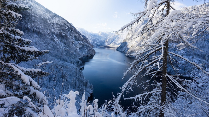 königssee, schönau am königssee, wintertime, mountain lake, germany, konigssee, 1080P, europe, snow, berchtesgaden national park, lake, mountain, upper lake