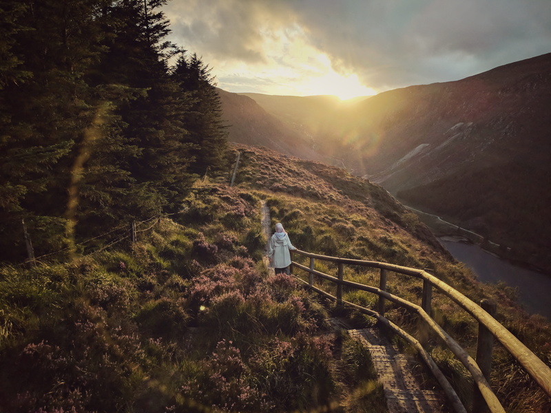 mountain, looking at view, plant, ireland, scenics - nature, one person, lens flare, tree, sunset, beauty in nature, sunlight, real people, tranquil scene