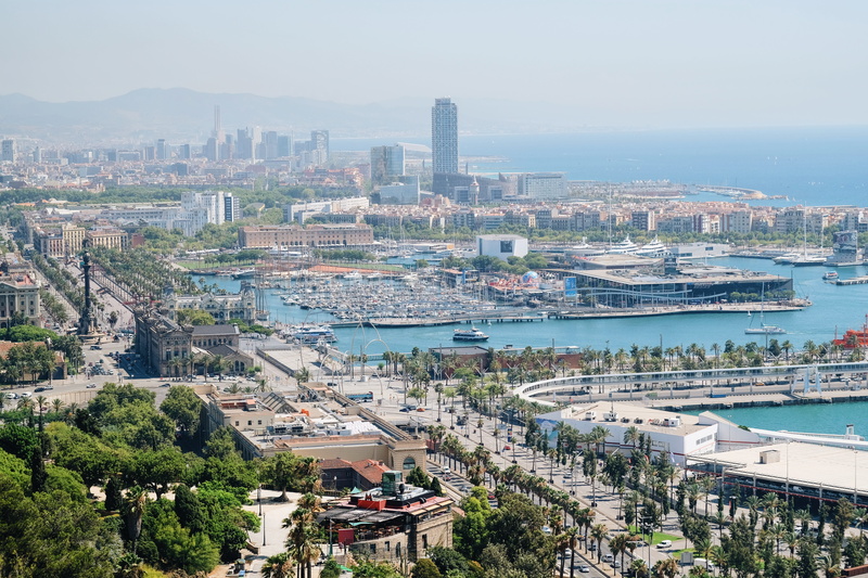 travel destinations, high angle view, cruise ship, no people, barcelona, building, nature, spain, water, mode of transportation, xpro2, architecture, skyscraper