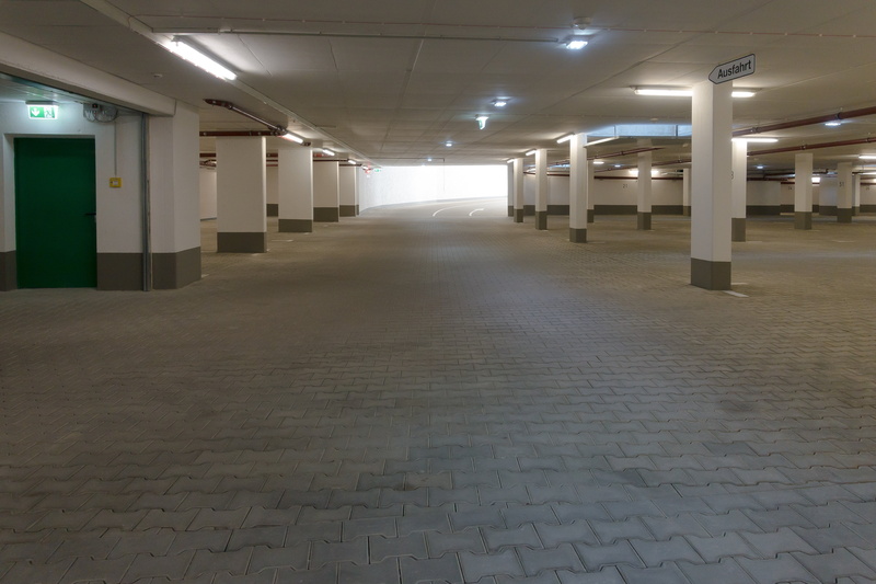 trist, building, pattern, tiled floor, green, night, grey, columnar, light - natural phenomenon, tile, neon tube, parking garage, parking lot, indoors