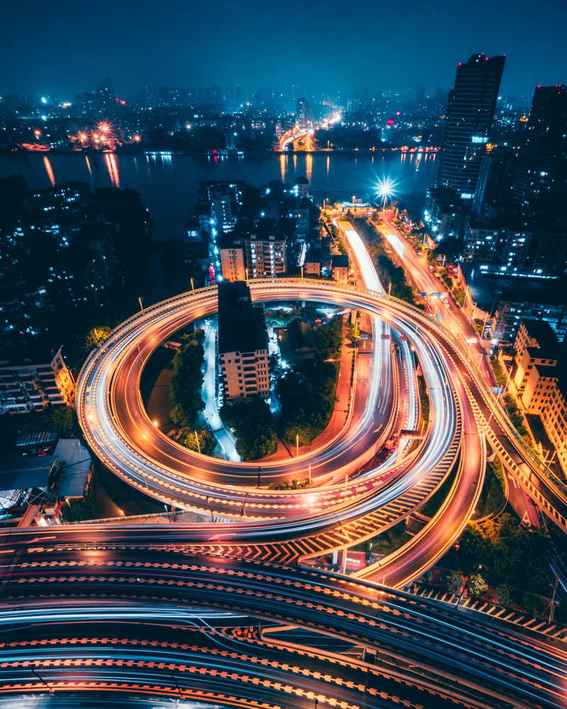 city lights, skyscraper, skyscrapers, light trail, no people, building, night city, transportation, 4K, outdoors, night, street, built structure, financial district