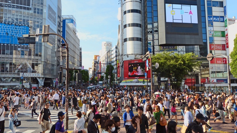 traffic lights, square, city, building exterior, crowded, tourist attraction, modern, building, group of people, japanese, day, street, men, 4K, shibuya