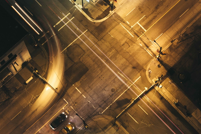 high angle view, traffic light, illuminated, night, symbol, junction, street, overhead, road marking, crossing, long exposure, eye, view, no people, intersection
