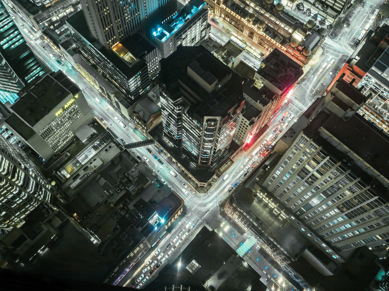 complexity, road, building, bright, junction, built structure, high angle view, crossing, lights, outdoors, building exterior, crowded, transportation