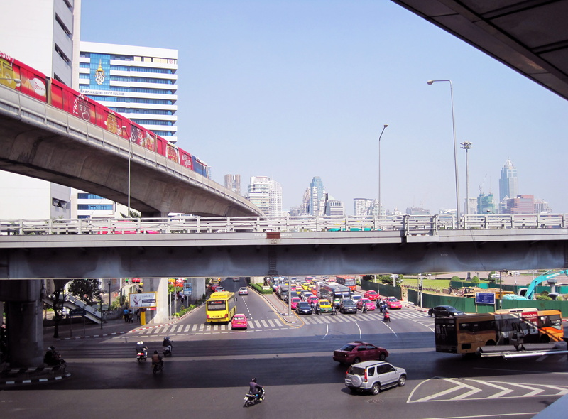 thailand, street, building exterior, office building exterior, motor vehicle, outdoors, bridge - man made structure, land vehicle, concrete, flyover, clear sky