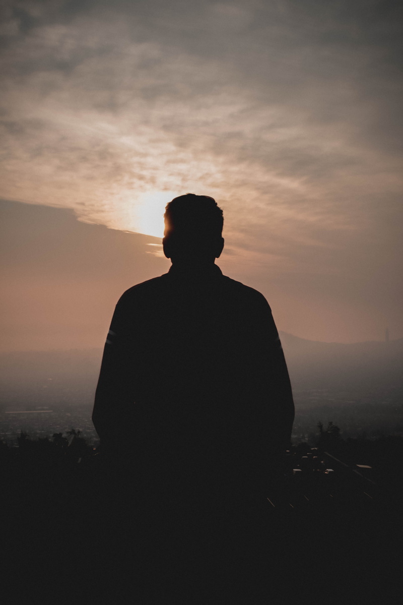 sunset, orange color, nature, cloud - sky, scenics - nature, tranquility, boy, rear view, one person, real people, standing, leisure activity, silhouette