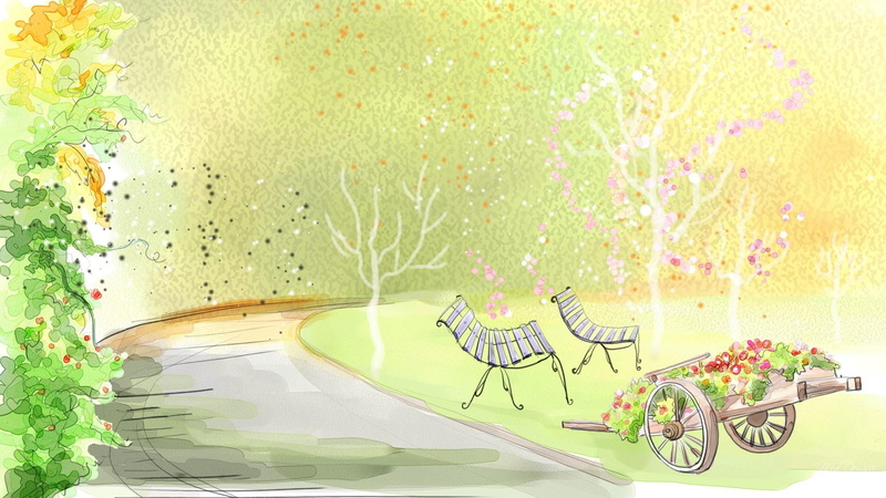 flower, path, cart, 1080P, abstract, afternoon, firefox persona, 3d and abstract, park, plants, grass, trees