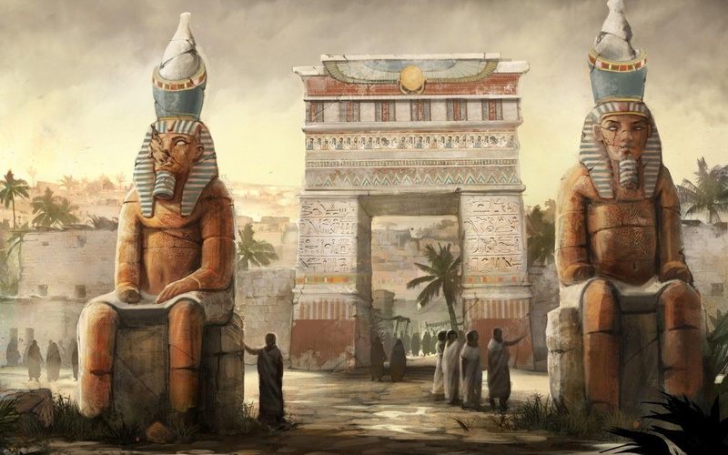 1080P, people digital art fantasy art egyptian gods statue town hieroglyphics palm trees artwork stone house