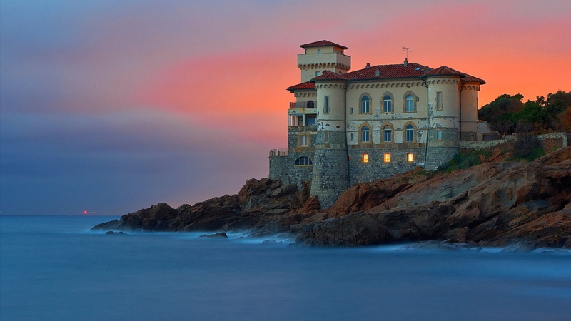 rock, Italy, land, 1080P, lights, no people, built structure, sunset, dusk, outdoors, Castello del Boccale, travel destinations, white, beauty in nature