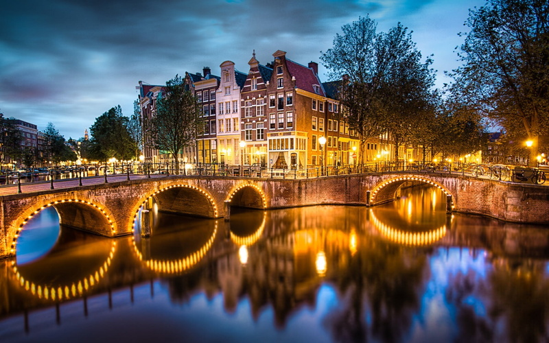 city, multi, tree, reflection, lights, building exterior, illuminated, sky, building, dusk, arch bridge, outdoors, storey, architecture, connection, street light