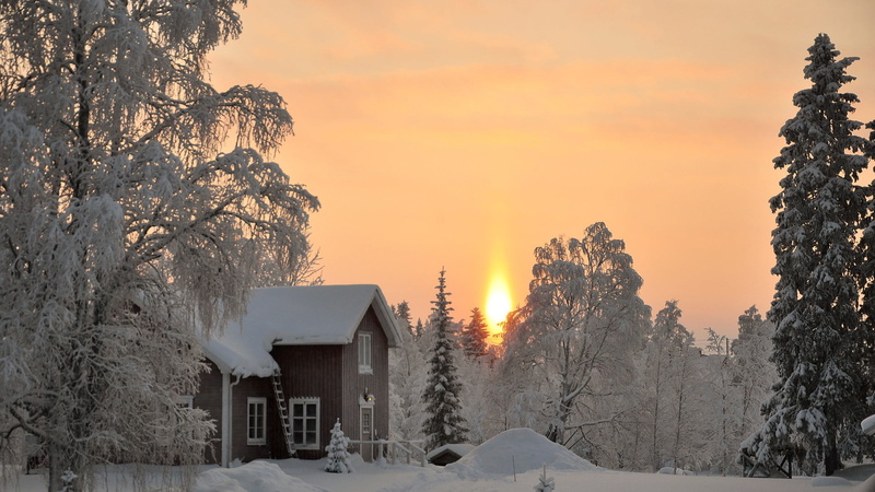 coniferous tree, sun, scenics - nature, house, frozen, tree, nature, snow, plant, sky, architecture, no people, cottage, sunset, building exterior, 1080P
