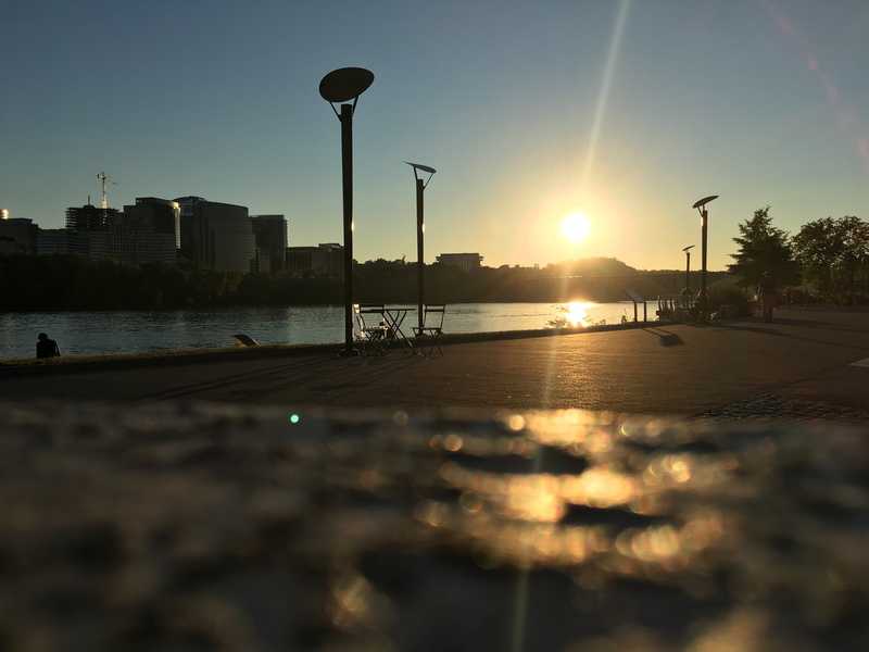 Washington, reflection, architecture, Sun, city, silhouette, lens flare, USA, lighting equipment, water, 4K, river, building exterior, sunset, sky, sunlight