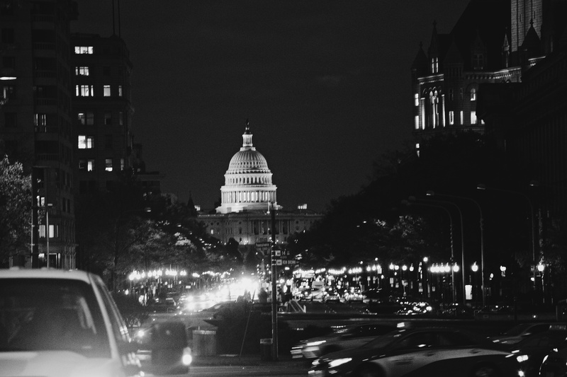 travel destinations, street, travel, dome, night, building exterior, built structure, 5K, washington d.c, pennsylvania ave, transportation, usa, BandW