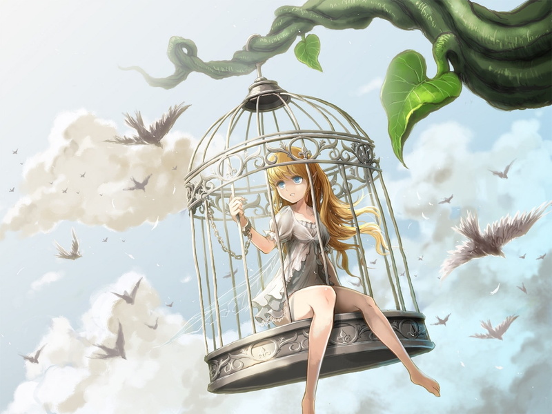 one person, nature, real people, cages, original characters, birds, spirituality, sculpture, chains, plant, hairstyle, human representation, digital composite