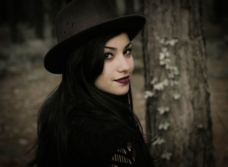 black, brown Hair, beautiful, women, black color, spooky, woman, black hat, clothing, dark, forest, staring, hair, caucasian Ethnicity, focus on foreground