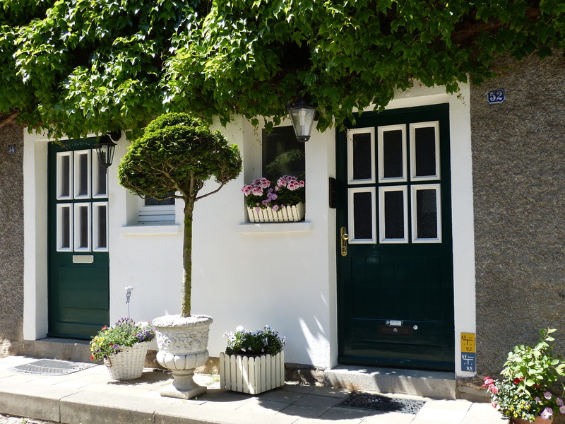 panels, built structure, no People, door, sunlight, day, input, building Exterior, flower box, old, front door, entrance, live, plant, window, margarethenhöhe