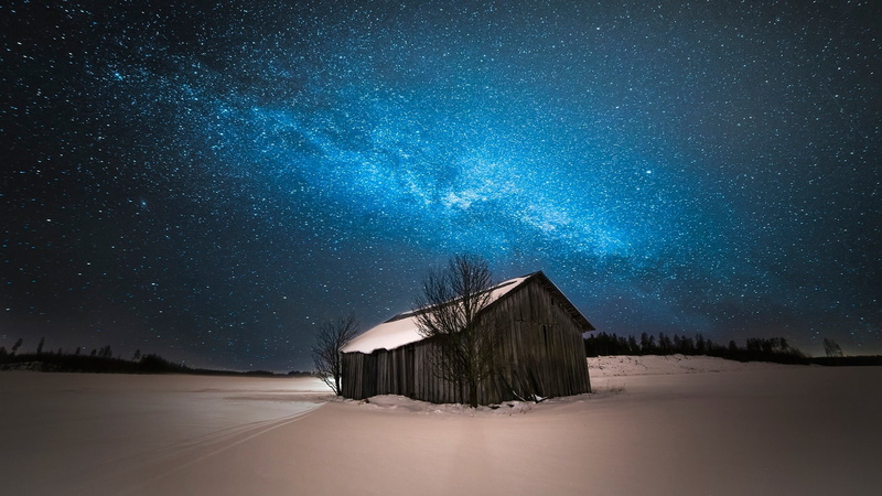 milky way, hut, 1080P, night, landscape, zing, winter, snow, stars, shanty, darkness