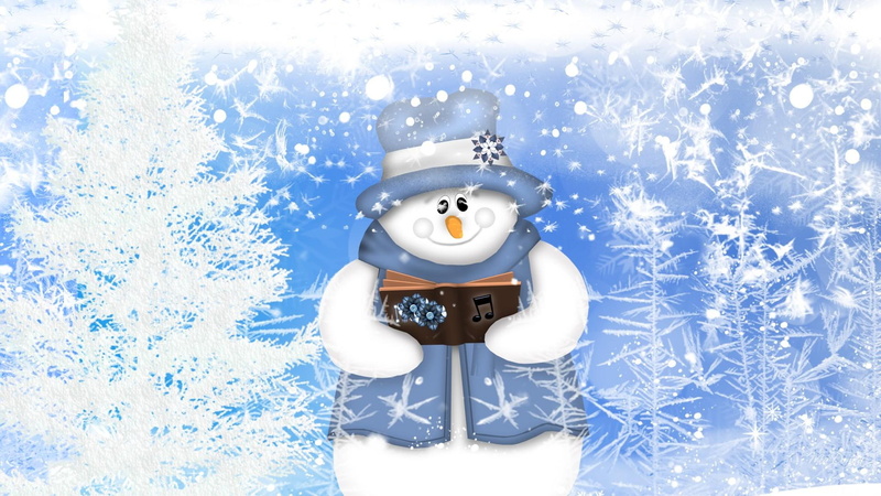 blue, 1080P, snowman, song, snow, 3d and abstract, frosty, tree, winter, firefox persona, christmas, carol, singer, cold