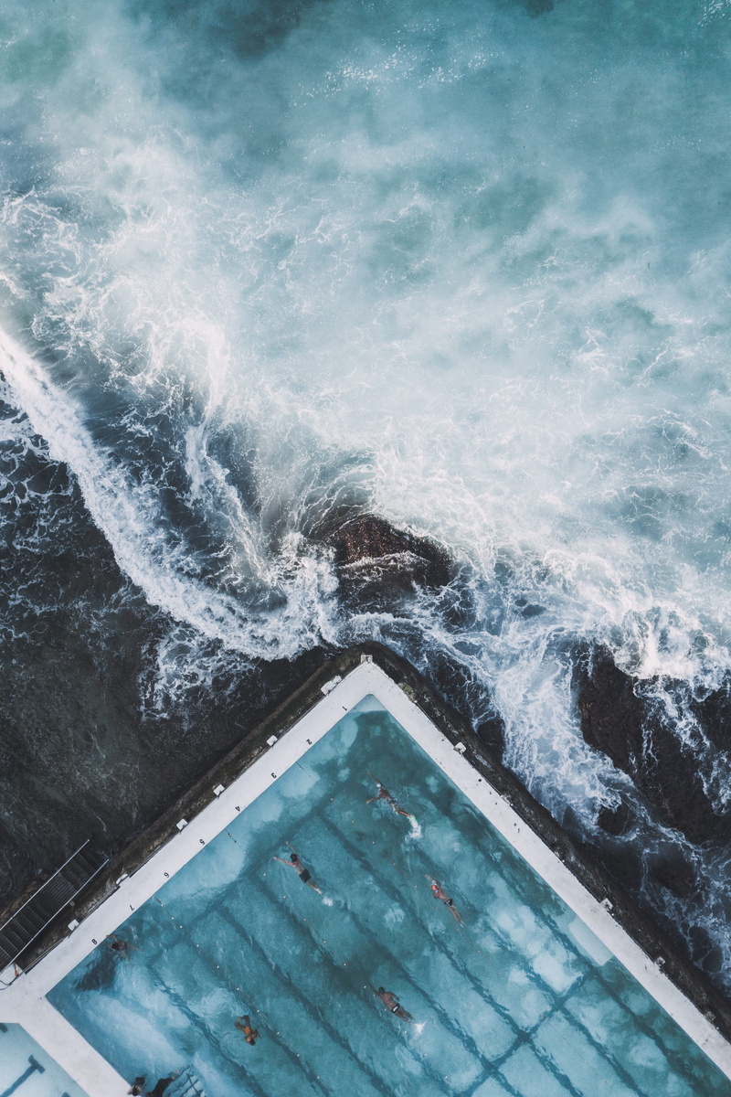 high angle view, swim, swimming pool, sport, blue, aquatic sport, luxury, day, motion, scenics - nature, splashing, wave, cool tone, surfing, power in nature