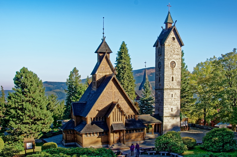 blue, stave church wang, silesia, spire, belief, sky, no people, day, clear sky, religion, church, poland, building, nature, karpacz, outdoors, architecture