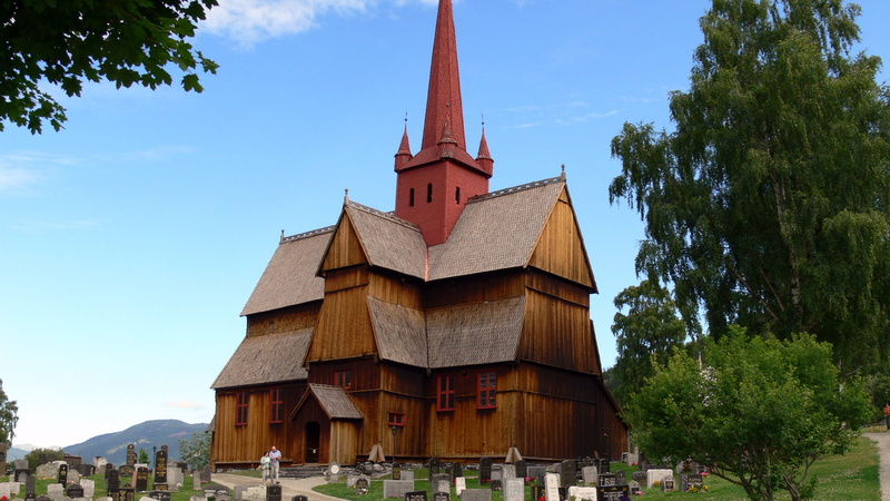 built structure, wooden church, tree, ringebu, outdoors, place of worship, belief, historically, building, sky, 2K, architecture, religion, plant, stave church