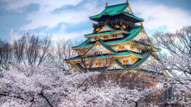 japanese, nature and landscapes, pagoda, beautiful, 1080P, temple, cherry, green roofs