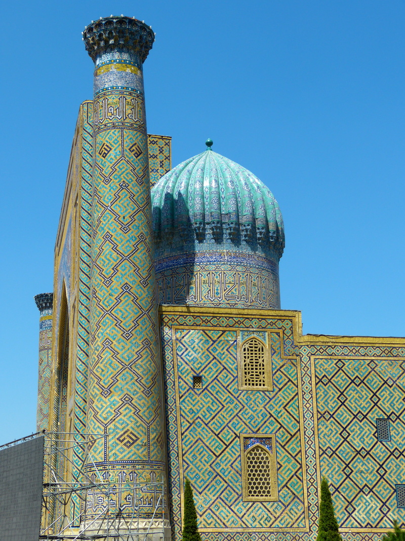 ceramic, ornate, day, tile, decorative, nature, registan square, sky, belief, pattern, building, clear sky, travel destinations, art, medrese, uzbekistan