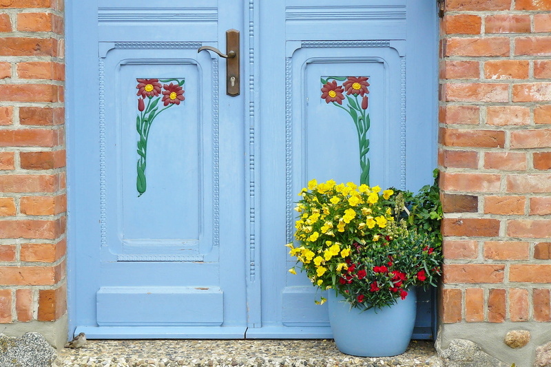 closed, building, growth, Input, House, planters, ornament, floral, flower, Door, nature, clinker bricks, building exterior, blue, wood, colorful, wooden door