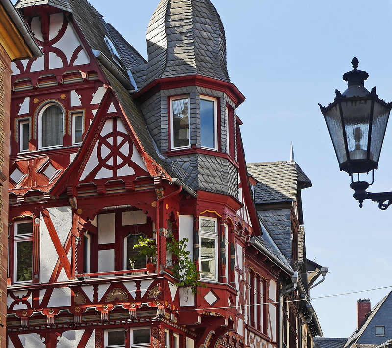 facade, city, lahn at marburg, clear sky, low angle view, nature, tower, 1080P, building exterior, window, building, dormer windows, winding, decorated