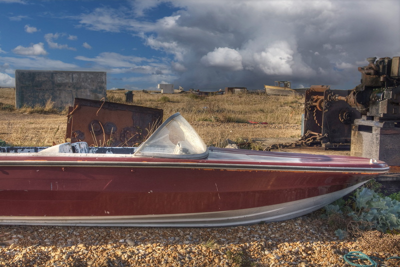 speed boat, coast, Dungeness, building exterior, 2K, shingle, transportation, mode of transportation, nature, Kent, England, deterioration, day, shingle beach