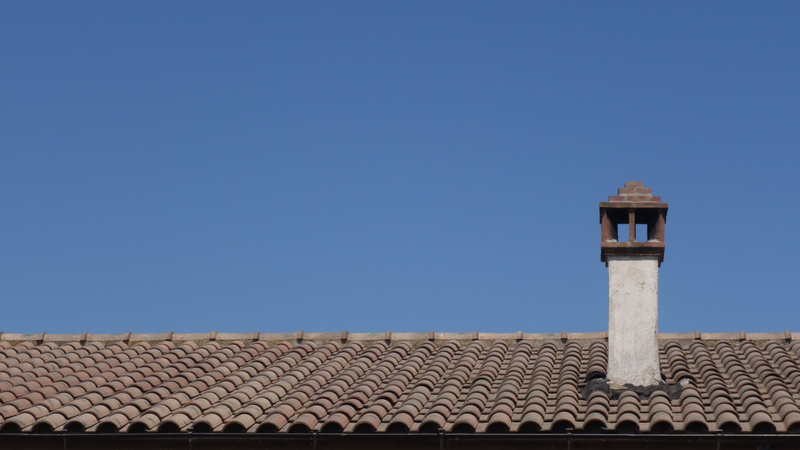 built structure, architecture, copy space, clear sky, brick, 5K, fireplace, shingle, roof, high section, building, nature, protection, blue, house, low angle view